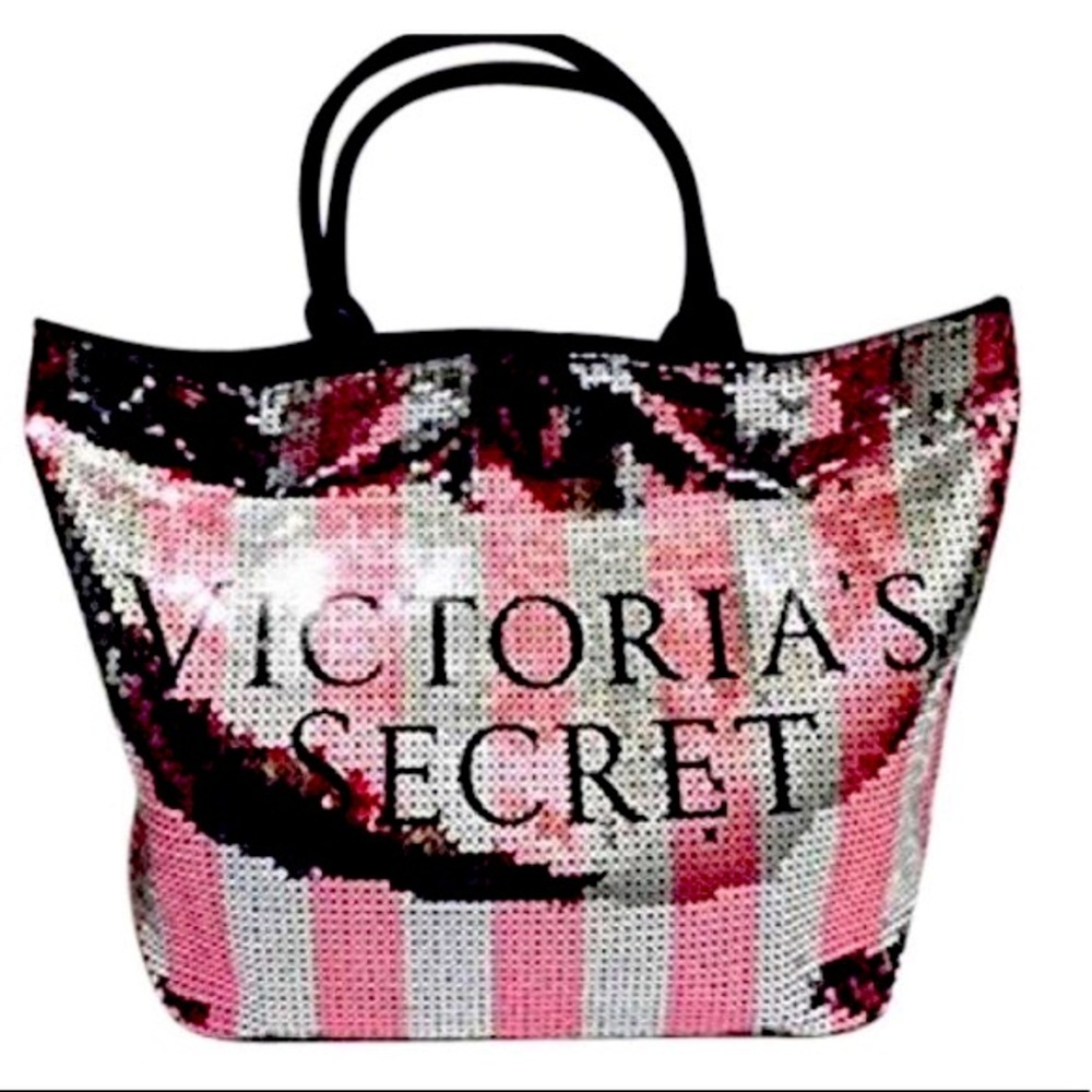 Pink White Striped Sequin Large Tote Bag